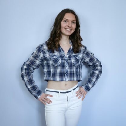 Chemise crop top femme à carreaux bleue