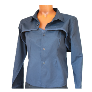 Ensemble caraco + cache épaule bleu cobalt. Caraco long, arrive aux hanches. Photo sur mannequin, vue face